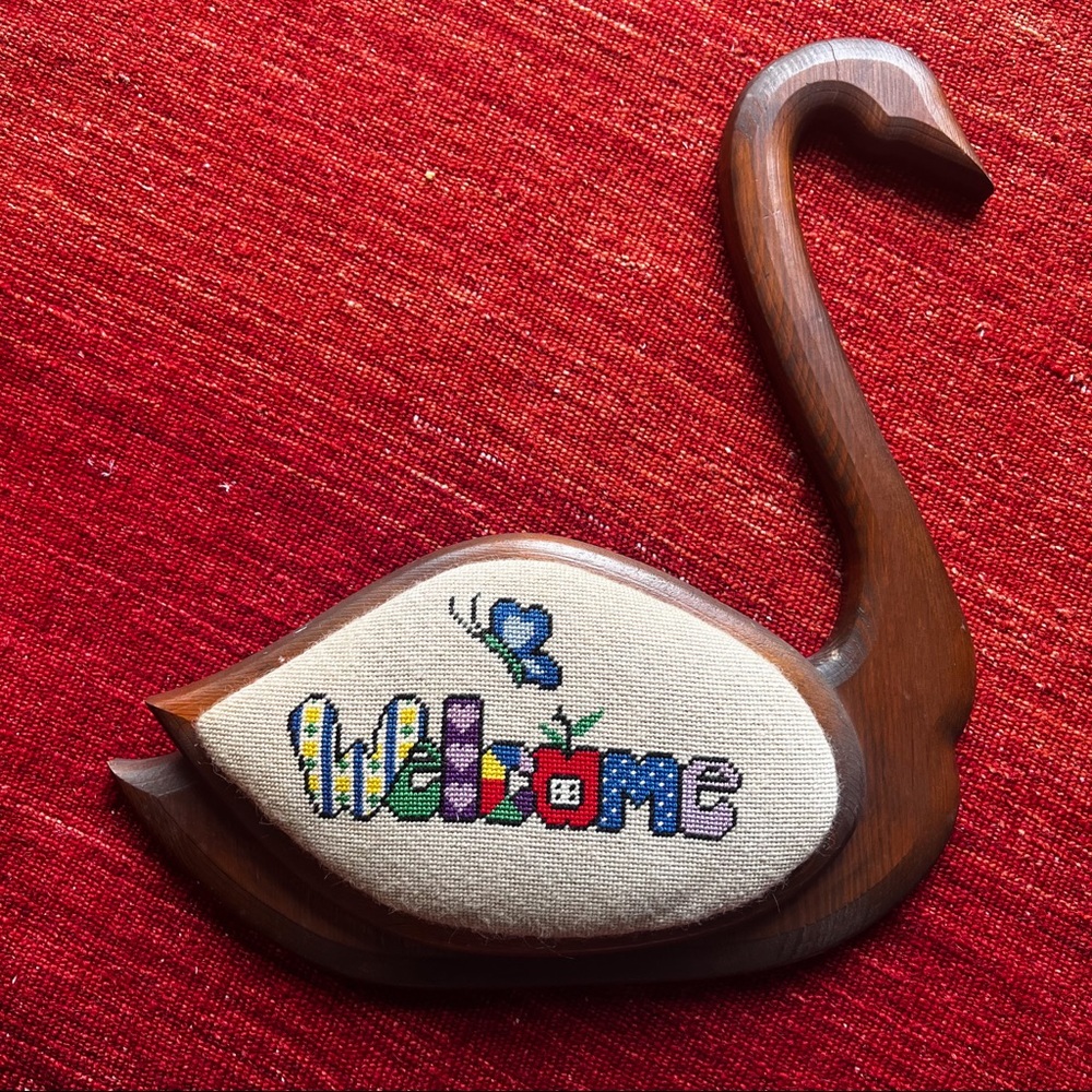 Vintage 60’s swan welcome cross stitch wooden wall hanging cottagecore sign